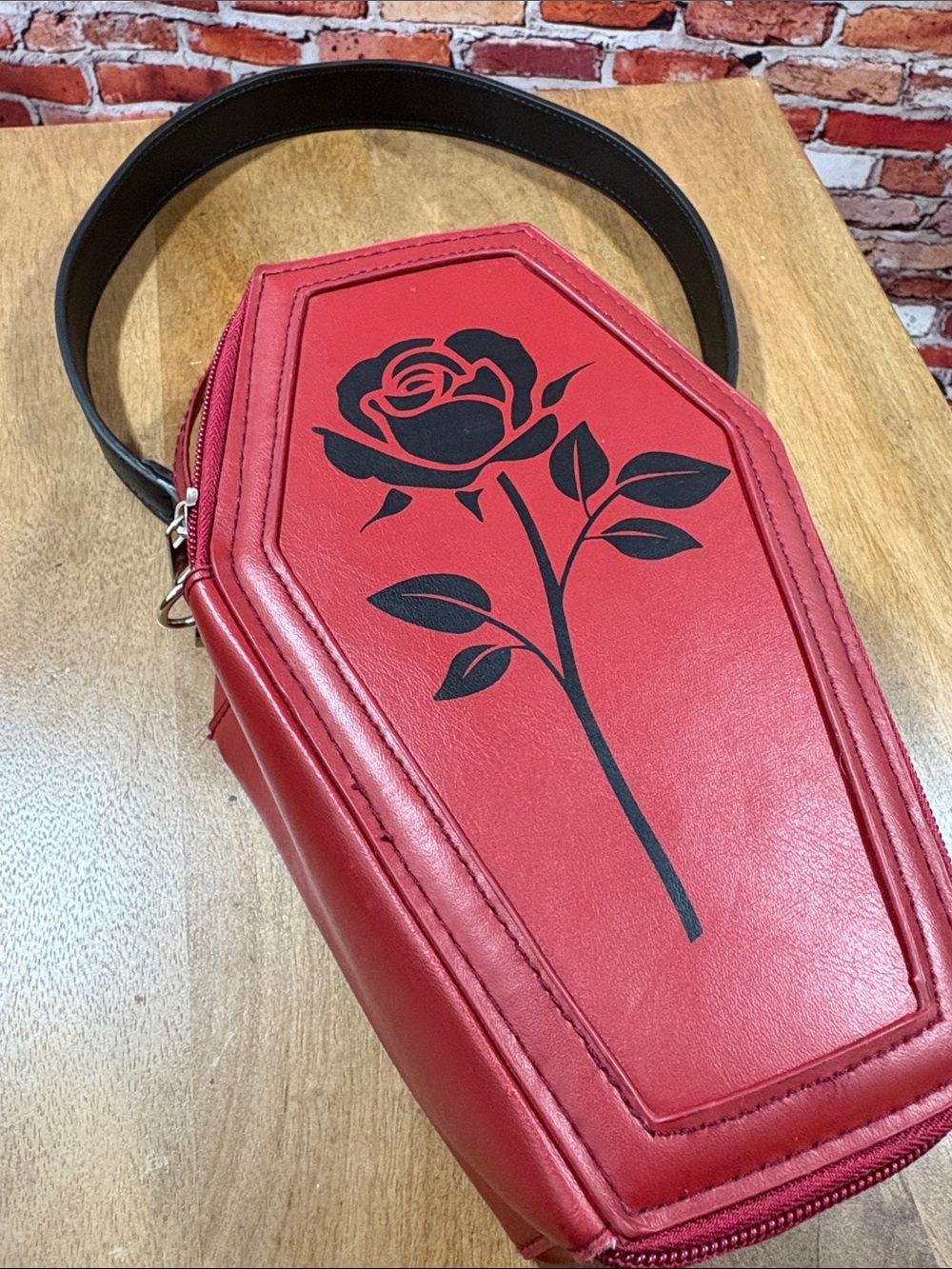 Flying Tiger Blood Red Coffin-Shaped Mini Crossbody Bag Black Rose Print Vampire